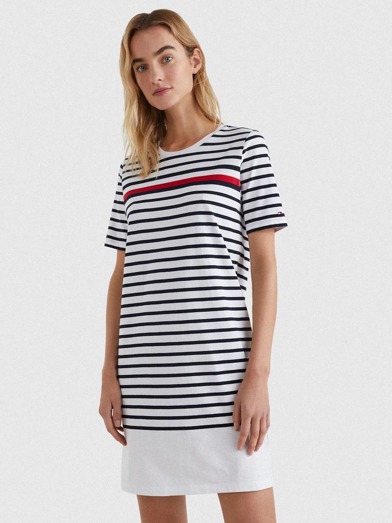 Női Tommy Hilfiger Stripe T-Shirt Dresses Piros Fehér Kék | HU 127HAP